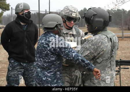 Armee und Marine Reserve Krankenwagen Bodenpersonal von 75. Combat Support Hospital Transfer ein simuliertes Patienten auf eine Crew-Chief vom 2. Bataillon, 1. Combat Aviation Brigade, 1. US-Infanteriedivision in Fort A.P. Hill, VA., Jan. 21. Insgesamt medizinische Ausbildung während "Arctic Lightning Medic" 150121-A-VY188-003 Stockfoto