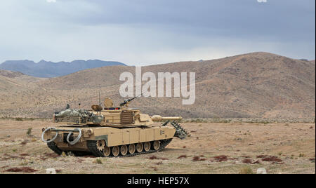 US-Armeesoldaten von Charlie Kompanie, 1. Bataillon, 5. Kavallerie-Regiment, 2nd Brigade Combat Team, 1. Kavallerie-Division, führen eine Leben Feuer Übung während der entscheidenden Aktion Rotation 15-05 im National Training Center in Fort Irwin, Kalifornien, 22. Februar 2015. Die Rotation sorgt für eine Brigade bleibt vielseitig, reaktionsschnell und konsequent für den aktuellen Kampf und unvorhergesehene zukünftige Eventualitäten zur Verfügung. (US Armee-Foto von Sgt. Charles Probst/freigegeben) Verteidigungsposition 150222-A-FG114-002 Stockfoto