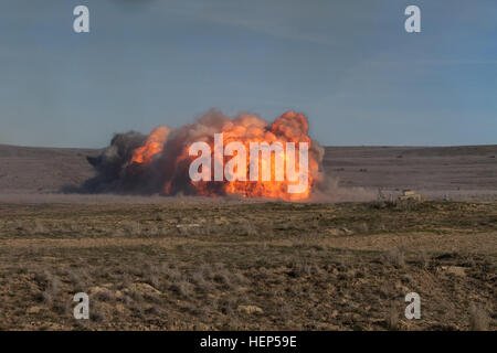 US-Armee Soldaten vom 571st Pionier-Unternehmen, 864th Engineer Battalion, 555. Ingenieur-Brigade und Soldaten aus 1 Combat Engineer Regiment, kanadische Armee, detonieren M58 Mine Clearing Line Aufpreis als es während einer gemeinsamen Ingenieur training Übung in Yakima Training Center, Washington, 23. Februar explodiert. Die kanadische Pioniere habe aus erster Hand Training von amerikanischen Pioniere auf die Aufgaben der Laden und Abfeuern des MICLIC Systems. (Foto: U.S. Army Sgt Steven Peterson, 28. Public Affairs-Abteilung) Explosion 150223-A-RJ334-009 Stockfoto