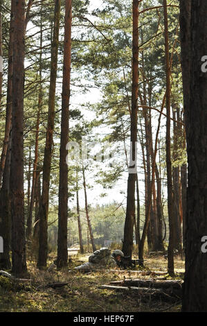 Dragoner zugewiesen Bull Truppe, 1. Staffel teilgenommen 2. Kavallerie-Regiment in einer live-Feuer-Übungen in Grafenwöhr Training Area befindet sich in der Nähe von Rose Barracks, Deutschland, 5. März 2015. Troopers durchgeführt-Gruppe und taktische Bewegungen während Angriff auf ein Ziel von ihr Strykers und Mörtel Feuer während des Trainings unterstützt. Bull-Truppe, 1. Staffel, 2. CR live-Feuer Übung 150305-A-EM105-031 Stockfoto