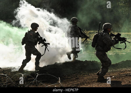 Dragoner zugewiesen Bull Truppe, 1. Staffel teilgenommen 2. Kavallerie-Regiment in einer live-Feuer-Übungen in Grafenwöhr Training Area befindet sich in der Nähe von Rose Barracks, Deutschland, 5. März 2015. Troopers durchgeführt-Gruppe und taktische Bewegungen während Angriff auf ein Ziel von ihr Strykers und Mörtel Feuer während des Trainings unterstützt. Bull-Truppe, 1. Staffel, 2. CR live-Feuer Übung 150305-A-EM105-315 Stockfoto