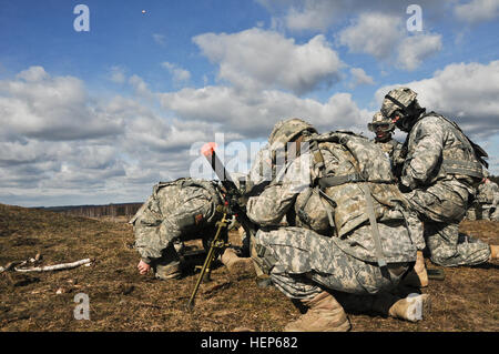 Dragoner zugewiesen Bull Truppe, 1. Staffel teilgenommen 2. Kavallerie-Regiment in einer live-Feuer-Übungen in Grafenwöhr Training Area befindet sich in der Nähe von Rose Barracks, Deutschland, 5. März 2015. Troopers durchgeführt-Gruppe und taktische Bewegungen während Angriff auf ein Ziel von ihr Strykers und Mörtel Feuer während des Trainings unterstützt. Bull-Truppe, 1. Staffel, 2. CR live-Feuer Übung 150305-A-EM105-574 Stockfoto