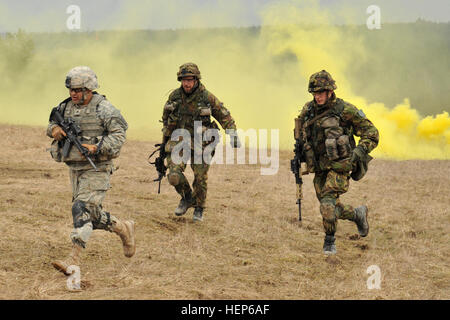 US Army Fallschirmjäger (links), zugewiesen, der 173rd Airborne Brigade spezielle Truppen Bataillon und niederländische Soldaten mit 411th gepanzerten Ingenieure des niederländischen Heeres (rechts) bewegen sich unter die Verheimlichung von Rauch während einer kombinierten Leben Feuer Übung 6. März 2015, bei der 7. Armee gemeinsame Multinational Training Command in Grafenwöhr, Deutschland. Fallschirmjäger von der 173. Luftlandebrigade und Niederländisch Pioniere aus 411th gepanzerten Ingenieure des niederländischen Heeres beteiligte sich an der kombinierten defensive Übung zur Förderung von Interoperabilität und Stärkung des NATO-Bündnisses. (US Armee-Foto von Visual Stockfoto