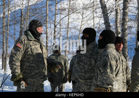 Oberstleutnant Mark Adams (links), Kommandant für die Northern Warfare Training Center, spricht mit gen Vincent K. Brooks, US Army Pacific Kommandierender general und Generalmajor Michael H. Shields, US-Armee Alaska Kommandierender general über die Bedeutung der Ausbildung Kälte-Regionen, die derzeit bei ihrem Besuch in der Gulkana-Gletscher in der Nähe von Black Rapids, Alaska, 10. März 2015 stattfinden. (Foto von Staff Sgt Sean Callahan/USARAK Public Affairs) Kommandant, uns Armee Pazifik, Erfahrungen der letzten Grenze 150310-A-JS802-005 Stockfoto