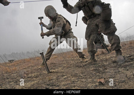 Marines mit Bravo Batterie, 1. Bataillon, 10. Marineregiment schnell versuchen zu beenden, ihre Waffe Abschnitt einheben und richten Sie ihre Netze wie Regen auf ihre Position während der Übung Rolling Thunder hier in Fort Bragg rollt. (Captain Joe Bush, 82nd Airborne DIVARTY / veröffentlicht) Rollender Donner 150317-A-BG594-010 Stockfoto