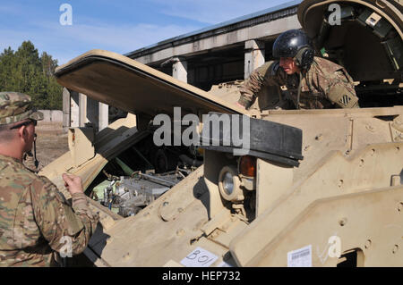 Soldaten des 2. Bataillon, 7. Infanterie-Regiment, 1st Armored Brigade Combat Team aus Fort Stewart, Georgia, 3d Infanterie-Division bereitete ihre Ausrüstung bei der Ankunft am Adazi Militärbasis, Lettland, am 17. März 2015. Das Gerät wurde im gesamten Ostseeraum zur Unterstützung der Operation Atlantic zu beheben bereitgestellt und für die 3. Staffel, 2. Kavallerie-Regiment übernehmen wird. 1. Brigade, 3. Infanterie-Division ist der US-Armee aktuelle regional ausgerichtete Kraft für Europa. Sie verbringen die nächsten drei Monate training mit NATO-Verbündeten zur Unterstützung der Ruder. (US Armee-Foto von Sgt. Aaro Stockfoto