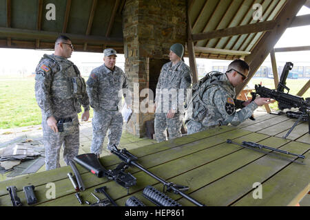 US Armee Sgt. Joe Primeau, Allied Forces North Bataillon zugewiesen, eine leichtes Maschinengewehr M249 unter die Kontrolle des 1st Sgt. Richard Williams und Staff Sgt Robert Thaler (US European Command Form Survey) während der Kader Training Übung (STX) bei der Allianz Training Bereich (ATA), in Chièvres Air Base, Belgien, 24. März 2015 montiert. (US Armee-Foto von visuellen Informationen Spezialist Pascal Demeuldre veröffentlicht) AFNORTH BN Kader Trainingsübung (STX) 150324-A-RX599-037 Stockfoto