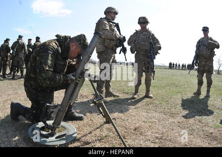 Ein rumänischer Soldat (links), zugewiesen der rumänischen Landstreitkräfte, versucht, eine M224 60mm leichte Mörser System Troopers (rechts, Mitte), übertragen 2. Eskadron, 2. Kavallerieregiment zu überwachen, während eine statische Anzeige durch das Gerät nach der Teilnahme an der Eröffnungsfeier für Wind Frühjahr 2015 bei Smardan Training Bereich, Rumänien, 16. April 2015. Die Wind Frühjahr 2015 Übung zielt auf Erhaltung und Steigerung der Interoperabilität zwischen den NATO-Verbündeten. (US Armee-Foto von Sgt. William A. Tanner/freigegeben) US-Soldaten, rumänische Armee und britische Soldaten zu beteiligen, bei der Eröffnung ceremonie Stockfoto