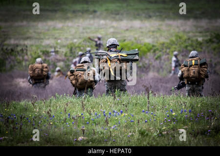 Fallschirmjäger von the 1st Battalion (Airborne) 143. Infanterie-Regiments und Charlie Troop (LRS) 3. Geschwader, 124. Kavallerie-Regiment führen Luftlandeoperationen in Fort Hood Rapido Drop-Zone am 17. April 2015. 314. Airlift Wing aus Little Rock Air Force Base, Arche, zur Verfügung gestellt das Flugzeug c-130 für die 36. Infanterie-Division-Soldaten von Texas Army National Guard. (Foto: US-Armee Generalmajor Randall Stillinger) Texas-Fallschirmjäger springen über Fort Hood (17125901390) Stockfoto