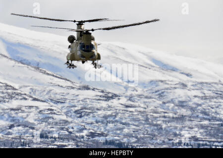 Verzerrungen durch die Abgase aus dem Blei Helikopter schafft eine malerische Wirkung als CH-47F Chinook-Hubschrauber aus D Company, 1. Bataillon, 52. Aviation Regiment führt Ausrüstungen und Zubehör aus Talkeetna zum Kahiltna Gletscher Basislager am Mount McKinley 27. April 2015. Soldaten und Chinooks aus D/1-52d "Zucker-Bären" machten kurzen Prozess der Bereitstellung mehrere tausend Pfund Ausrüstung für Basislager bei 7.000 und 14.000 Fuß für die Klettersaison 2015 sparen Zeit und Geld für die National Park Service und wertvolle Erfahrungen in Höhenlagen und im Gelände nicht in Betrieb Stockfoto