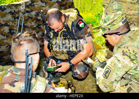 US Army Fallschirmjäger, das 1. Bataillon, 503. Infanterieregiment, 173rd Airborne Brigade und ein ungarischer Soldaten von gemeinsamen terminal Angriff Controller zugewiesen Grundstück ein Ziel auf einer Karte während der Übung Adria Strike 4. Juni 2015 nächster Pocek in Postonja, Slowenien. Dieses Training bietet USA gemeinsame terminal Angriff Controller die Möglichkeit direkt mit der Streitkräfte anderer Nationen Partner arbeiten. Die Übung zusammengebracht NATO-Verbündeten der USA und slowenischen Streitkräfte kritische Fähigkeiten zur Unterstützung der Bodenoperationen zu Proben. (US Armee-Foto von visuellen Informationen Specialis Stockfoto