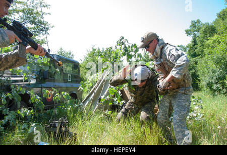 Mitglieder des 528th Licht Reconnaissance Battalion der rumänische Land-Kraft und der 1. Staffel, 131. Kavallerie, Alabama Army National Guard, durchführen eine Aufklärungsmission Fugenbereich während Übung Red Dragon am 13. Juni 2015, in Babadag, Rumänien. Red Dragon ist eine Übung durchgeführt zwischen der 131. Kavallerie, Alabama-Nationalgarde und der 528th Light Reconnaissance Battalion, rumänische Land-Kraft, in dem Bemühen, engere Beziehungen zwischen amerikanischen und rumänischen Truppen zu bauen. (Foto von Spc. William Frye) Der Alabama National Guard trainiert mit Rumänen 150613-A-OK577-821 Stockfoto