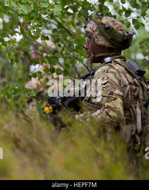 Vereinigte Staaten Armee Pfc. Dishawn Byrd, ein Knoxville, Kentucky, native zugewiesen an Task Force Team Adler 2-7 Infanterie als Infanterist, Scans für Ziele in multinationale Ausbildung bei den großen litauischen Hetman Jonusas Radvila Training Regiment, 17. Juni 2015. Säbel-Strike ist eine langjährige US-Army in Europa führte kooperative Übung. Das diesjährige Übung Ziele erleichtern die Zusammenarbeit zwischen der U.S., Estland, Lettland, Litauen und Polen, gemeinsame Einsatzfähigkeit in einer Reihe von Missionen sowie die Vorbereitung der teilnehmenden Nationen und Einheiten zur Unterstützung multinationaler zu verbessern Stockfoto