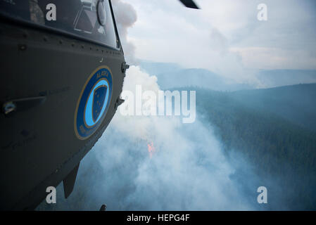 Diesen Sommer wurde voll von Waldbränden in ganz Alaska. Zahlreiche Feuerwehr-Teams haben aus den unteren Vereinigten Staaten im Kampf helfen aufgerufen wurde. Eines der Teams, die im Kampf beigetreten ist ein lokales Team, der Alaska Army National Guard. Mit zwei UH-60 Black Hawk-Hubschrauber und Bambi-Eimer, haben die Alaska Army National Guard Teams Brandbekämpfung Missionen in Abstimmung mit dem Bureau of Land Management, Feuerwehren, Sitz in Fort Wainwright, Alaska durchführen. Am Freitag, dem 26. Juni flog das Team ihre Flugzeuge bis Tok, Alaska, zur Unterstützung bei der Bekämpfung von ein paar großen f Stockfoto