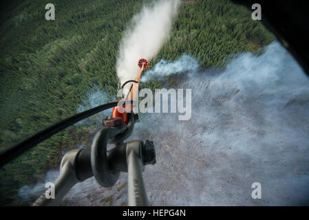 Diesen Sommer wurde voll von Waldbränden in ganz Alaska. Zahlreiche Feuerwehr-Teams haben aus den unteren Vereinigten Staaten im Kampf helfen aufgerufen wurde. Eines der Teams, die im Kampf beigetreten ist ein lokales Team, der Alaska Army National Guard. Mit zwei UH-60 Black Hawk-Hubschrauber und Bambi-Eimer, haben die Alaska Army National Guard Teams Brandbekämpfung Missionen in Abstimmung mit dem Bureau of Land Management, Feuerwehren, Sitz in Fort Wainwright, Alaska durchführen. Am Freitag, dem 26. Juni flog das Team ihre Flugzeuge bis Tok, Alaska, zur Unterstützung bei der Bekämpfung von ein paar großen f Stockfoto