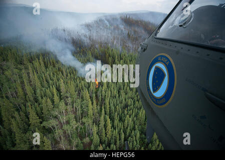 Diesen Sommer wurde voll von Waldbränden in ganz Alaska. Zahlreiche Feuerwehr-Teams haben aus den unteren Vereinigten Staaten im Kampf helfen aufgerufen wurde. Eines der Teams, die im Kampf beigetreten ist ein lokales Team, der Alaska Army National Guard. Mit zwei UH-60 Black Hawk-Hubschrauber und Bambi-Eimer, haben die Alaska Army National Guard Teams Brandbekämpfung Missionen in Abstimmung mit dem Bureau of Land Management, Feuerwehren, Sitz in Fort Wainwright, Alaska durchführen. Am Freitag, dem 26. Juni flog das Team ihre Flugzeuge bis Tok, Alaska, zur Unterstützung bei der Bekämpfung von ein paar großen f Stockfoto