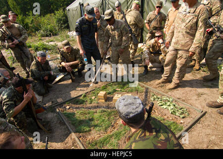 Sgt. Richard Marcano (Mitte), ein Fallschirmjäger mit der US-Armee Unternehmen B, 2. Bataillon, 503. Infanterieregiment, 173rd Airborne Brigade, Slips ukrainischen Nationalgarde Soldaten auf eine bevorstehende Trainingsmission mit einer Sand-Tabelle-Karte 12. August 2015, in Yavoriv, Ukraine. Fallschirmjäger von der 173. Abn. BDE. sind in der Ukraine für den zweiten von mehreren geplanten Umdrehungen der Ukraine neu gegründete Nationalgarde Ausbildung als Teil des furchtlosen Wächter, die zum letzten bis November geplant ist. (Foto: US-Armee Sgt. Alexander Skripnichuk, 13. Public Affairs-Abteilung) Furchtlose Wächter Ausbildung r Stockfoto