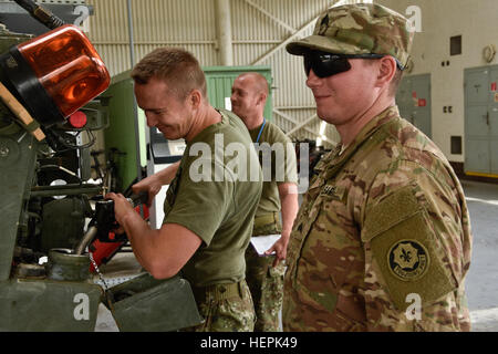 Sgt. Dillon Munn (links), ein Panzerschützen zugeordnet Waffen Truppe, 4. Staffel, 2. Kavallerie-Regiment, hilft ein Mitglied der Streitkräfte der Slowakischen Republik Kraftstoff in seiner Einheit Fahrzeug zu ersetzen, da sie weiterhin für Wartungen, Prüfungen und Dienstleistungen nach der Ankunft in der Slowakischen Republik während Dragoon Crossing, eine taktische Straße marschieren ausgehend in Rose Barracks, Deutschland und dann in der Tschechischen Republik und der Slowakischen Republik endet in Ungarn am 15. Sept. , 2015. Der Zweck der Übung ist es, NATO-Verbündeten der USA Absicht während Operation Atlantic lösen und beruhigen Stockfoto