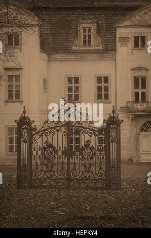 Einzelne schmiedeeiserne Tor vor einem alten barocken Herrenhaus in Mecklenburg-Vorpommern, Deutschland. Stockfoto