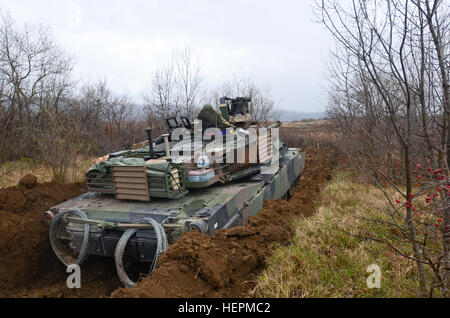 Soldaten der 5. Staffel, 7. Kavallerie-Regiment, 3. Infanterie-Division, stationiert in Fort Stewart, Georgia, positionieren Sie ein M1A2 System Enhancement Package Version 2 Abrams-Panzer in die teilgedeckte Kampfposition während der Übung Frieden Sentinel in Novo Selo Training Center, Bulgarien, 23. November 2015 neu zu machen. (Foto von Staff Sgt. Steven M. Colvin/freigegeben) USA, Bulgarien beginnen Frieden Sentinel 151123-A-HO673-954 Stockfoto