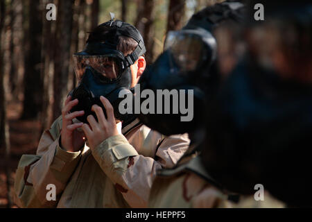 Soldaten des 3. Und 9. MISB(A) und der US-Marines führten während einer gemeinsamen Feldübung in Camp Butner, North Carolina, eine NBC- und CS-Gasmasken-Schulung durch, um sich auf die Reaktion auf Naturkatastrophen und die Verbreitung von Informationen vorzubereiten. Stockfoto