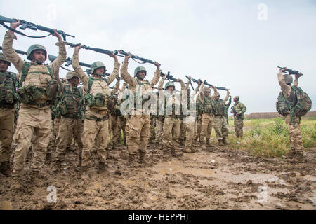 Irakische Soldaten eingeschrieben in den irakischen Ranger-Kurs Verhalten Waffe Einarbeitung körperliches Training Camp Taji, Irak, 28. März 2016. Instruktoren durchgeführt dieser Trainingsübung Auszubildenden richtig Training Aufgaben zu motivieren. Camp Taji ist einer von vier kombiniert Joint Task Force – Betrieb innewohnende lösen Bau Partner Kapazität Standorten in irakische Sicherheitskräfte ausgebildet. (US Armee-Foto von Spc. William Lockwood/freigegeben) US-Armeesoldaten trainieren irakischen Ranger 160328-A-HH521-164 Stockfoto