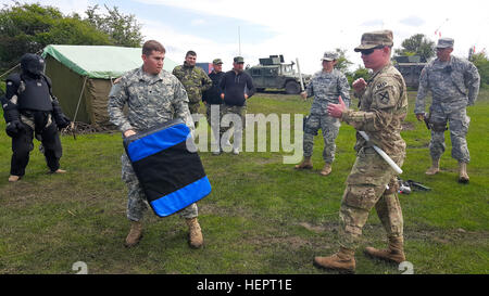 Staff Sgt James Dykes (links) und Sergeant Logan Hants (Ausbilder), beide Militärpolizei mit 1165th Military Police Company; Sgt. Randi Biggs, Militärpolizei mit 231st Militärpolizei Bataillon; SPC. Ethan Gates (Demonstrator) und Landon Glover Spc. (Demonstrator), 1165th Military Police Company, Alabama Army National Guard zugewiesen anweist Baton einzigen Streik und Baton Riot Control Taktiken zu den rumänischen Militärpolizei Soldaten in Cincu Trainingsbereich, Rumänien am 10. Mai 2016.  (US Armee-Foto von CPT. Ryan E. Black, 877th Engineer Battalion, Alabama National Guard) 1165th militärische Pol Stockfoto