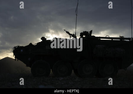 US-Armeesoldaten vom 1. Bataillon, 23. Infanterie-Regiment führt scharfer Munition während der entscheidenden Aktion Rotation 16-06 an die National Training Center in Fort Irwin, Kalifornien, 20. Mai 2016. Entscheidende Aktion Drehungen erstellen eine realistische Trainingsumgebung, die die Fähigkeiten der Brigade Combat Teams bereitet sie zu Gesicht ähnlich ausgestattet Gegenkräfte testet. (US Armee-Foto von Pfc. Dedrick Johnson, Operations Group, National Training Center) Nacht Fahrt 160520-A-OQ942-001 Stockfoto