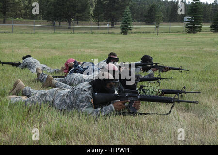 Soldaten aus the108th Multifunktions Sanitätsbataillons, Illinois Army National Guard, nehmen Feuerstellungen Sicherheit durchführen und wieder Feuer während auf eine lebensrettende Maßnahmen Ausbildung Lane auf West Camp Rapid während der goldenen Coyote Trainingsübung in Rapid City, S.D., 14. Juni 2016. Die goldenen Coyote-Übung ist eine dreiphasige, Szenario-driven Übung durchgeführt in den Black Hills von South Dakota und Wyoming, die Kommandeure auf wesentliche Aufgabe Missionsanforderungen, Krieger Aufgaben und Schlacht Übungen konzentrieren zu können. (Foto: US-Armee Sgt. 1. Klasse Horace Murray/freigegeben) Goldene Coyote 201 Stockfoto