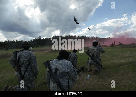 US-Armeesoldaten aus der 108. Sanitätsbataillons Multifunktion, Illinois Army National Guard, Mark die Landezone für eingehende HH - 60M Medevac-Hubschrauber während eine lebensrettende Maßnahmen Ausbildung Lane auf West Camp Rapid während der goldenen Coyote Trainingsübung in Rapid City, S.D., 14. Juni 2016. Die goldenen Coyote-Übung ist eine dreiphasige, Szenario-driven Übung durchgeführt in den Black Hills von South Dakota und Wyoming, die Kommandeure auf wesentliche Aufgabe Missionsanforderungen, Krieger Aufgaben und Schlacht Übungen konzentrieren zu können. (Foto: US-Armee Sgt. 1. Klasse Horace Murray/freigegeben) Golden Stockfoto