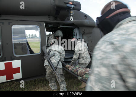 US-Armeesoldaten aus der 108. Sanitätsbataillons Multifunktion, Illinois Army National Guard, misst Verkehr ein Unfall, ein HH - 60 M Medevac-Hubschrauber während eine lebensrettende Training Lane auf West Camp Rapid während der goldenen Coyote Trainingsübung in Rapid City, S.D., 14. Juni 2016. Die goldenen Coyote-Übung ist eine dreiphasige, Szenario-driven Übung durchgeführt in den Black Hills von South Dakota und Wyoming, die Kommandeure auf wesentliche Aufgabe Missionsanforderungen, Krieger Aufgaben und Schlacht Übungen konzentrieren zu können. (Foto: US-Armee Sgt. 1. Klasse Horace Murray/freigegeben) Goldene Coyote 20 Stockfoto