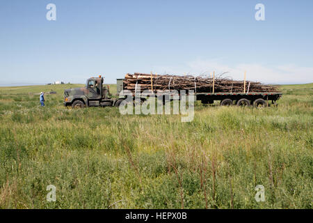 Douglas A. Dupris, Wartung Direktor der Cheyenne River Housing Company für die Cheyenne River Sioux Stammes leitet eine US Army M915A3 Linienverkehr Traktor schleppen Holz, die von Fahrern aus der 154. schottisches Regiment, königliche Logistik Corp, britische Armee und 1244th Transportation Company, Illinois Army National Guard transportiert wird, während ein Brennholz Drop-off für die Sioux Stammes zur Unterstützung der goldenen Coyote ausüben , Eagle Butte, S.D., 15. Juni 2016. Die goldenen Coyote-Übung ist eine dreiphasige, Szenario-driven Übung durchgeführt in den Black Hills von South Dakota und Wyoming, welche e Stockfoto