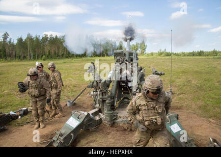 Würdenträger und Vertreter der Presse beobachten, wie US-Soldaten Archer Batterie, Field Artillery Geschwader, 2. Kavallerie-Regiment Verhalten eine Dauerfeuer-Mission mit ihren M777 155 mm Artillerie-Waffen-System bei der Saber Strike 16 kombiniert Live Feuer Übung auf eine Ausbildung vor Ort in der Nähe von Tapa Estland, 20. Juni 2016 zugewiesen.  Saber Strike 2016 ausüben, eine US-Army in Europa führte kooperative Übung sollen gemeinsame Interoperabilität zur Unterstützung multinationaler Einsätze verbessert werden. (US Army Video von Staff Sgt Ricardo HernandezArocho) Archer Batterie Feldartillerie Squadron Stockfoto