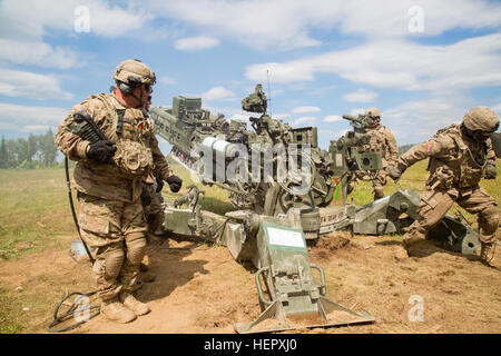 Würdenträger und Vertreter der Presse beobachten, wie die US-Armeesoldaten Archer Batterie, Field Artillery Geschwader, 2. Kavallerie-Regiment Verhalten eine Dauerfeuer-Mission mit ihren M777 155 mm Artillerie-Waffen-System während der Saber Strike 16 kombiniert Live Feuer Übung auf eine Ausbildung vor Ort in der Nähe von Tapa Estland, 20. Juni 2016 zugewiesen.  Saber Strike 2016 ausüben, eine US-Army in Europa führte kooperative Übung sollen gemeinsame Interoperabilität zur Unterstützung multinationaler Einsätze verbessert werden. (US Army Video von Staff Sgt Ricardo HernandezArocho / veröffentlicht) Archer Batterie, Bereich Kunst Stockfoto