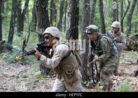 US Marine Reservist SGT Arturo Garibay, Sitz und Dienstleistungsunternehmen, 4. Sanitätsbataillons führt US Armee Reservesoldat zugewiesen, das 327th Ingenieur-Unternehmen, 397th Engineer Battalion, 372nd Ingenieur-Brigade, 416th Theater Support Command und Fellow Marine bergauf in einen komplexen Angriff während Combat Support Training Übung 86-16-03 (CSTX 86-16-03) am Fort McCoy, Wisconsin, USA, 22. August 2016. Fast 9.000 Service-Mitglieder aus über dem Land beteiligt sind in CSTX 86-16-03 86. Training Division und dem 84. Training Command dritte und letzte CSTX des Jahres veranstaltet. ( Stockfoto