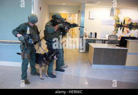 US-Soldaten zugewiesen, die alte Wache 289. Military Police Company spezielle Reaction Team, Fort Myer, Virginia, Begegnung eine aktive Shooter mit einer Geisel während der aktive Schütze Antwort Training Teil Übung Hauptstadt Schild 2016 um Fort Belvoir Community Hospital, Fort Belvoir, Virginia, 13. September 2016. Übungen wie Capital Shield-Hilfe-Service-Mitglieder darauf vorbereiten, Zustand und Bundes Ersthelfer in jede Art von Kontingenz Situation unterstützen. (Foto: U.S. Army Spc. Bernardus Pol) Übung Hauptstadt Schild 2016 160913-A-BG922-188 Stockfoto