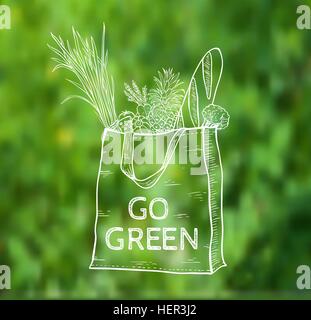 Wiederverwendbare shopping Öko-Tasche auf einer grünen unscharf Hintergrund. Handgezeichnete Vektor-Illustration. Stock Vektor