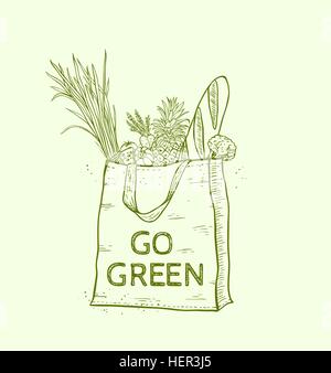 Wiederverwendbare shopping Öko-Tasche mit frischen Lebensmitteln. Handgezeichnete Vektor-Illustration. Stock Vektor
