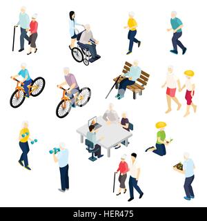 Rentner Leben isometrische Set. Rentner Leben isometrische set mit Gesundheit und Aktivität Symbole isoliert Vektor-illustration Stock Vektor