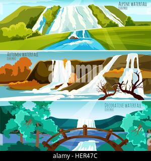 Wasserfall Landschaften Banner. Horizontale Banner Sammlung mit bunten Bildern Wasserfall Landschaften in flachen Bergen Stock Vektor