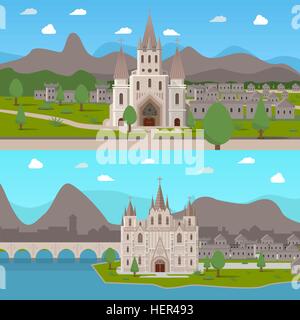 Mittelalterliche antike Tempel horizontale Kompositionen. Zwei horizontale Kompositionen mit gotischen Tempel im Cartoon-Stil auf mittelalterlichen Stock Vektor