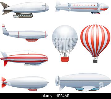 Luftschiff Luftschiff weiße rote Icons Set. Luftschiff und Heißluft Ballons Luftschiffe im Flug Symbole Sammlung weiß rot abstrakt Stock Vektor