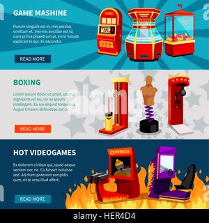Spielmaschine Banner gesetzt. Spielmaschine Banner mit heißen Video-Spiele, Boxen und Spielautomaten flache Vektor-illustration Stock Vektor