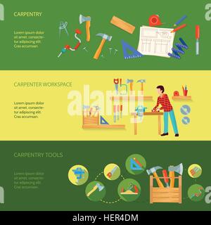 Zimmerei-Banner-Set. Zimmerei Werkzeuge Arbeitsbereich und Aktivität Beispiel Konzept drei horizontale Banner Vektor-illustration Stock Vektor