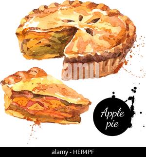 Aquarell hausgemachte Bio Apfelkuchen Dessert. Isolierte Essen Abbildung auf weißem Hintergrund Stock Vektor