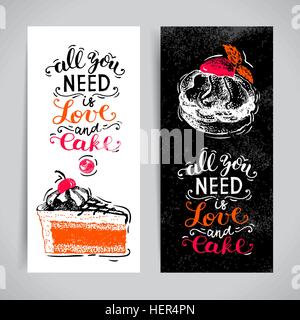 Süße Kuchen Gebäck handgezeichnete Vintage Poster Set. Skizze-Vektor-Illustration. Werbebanner für Bäckerei und café Stock Vektor