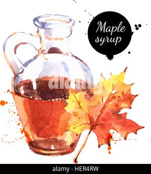 Aquarell hand gezeichnete Ahornsirup in Glas Flasche und Herbst Blatt. Isolierte Öko-Naturkost-Vektor-Illustration auf weiß Stock Vektor
