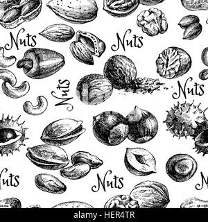 Vintage Hand gezeichnete Skizze Muttern nahtlose Muster. Schwarz / Weiß-Vektor-illustration Stock Vektor