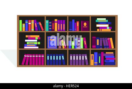 Großes Bücherregal mit verschiedenen Büchern. Großes Bücherregal mit verschiedenen Büchern. Bücherregal voller Bücher Cartoon. Bücher in Regalen. Stock Vektor