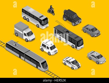 Isometrischen Transportgruppe 3d flache Bauweise. Auto Fahrzeug, Transport Verkehr, LKW van, Auto-Fracht, Bus und Auto, Polizei Stock Vektor